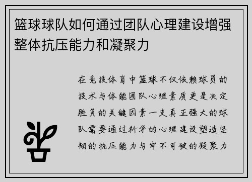 篮球球队如何通过团队心理建设增强整体抗压能力和凝聚力